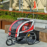 HOMCOM Reboque de bicicleta infantil 2 em 1 carrinho de bebé para bicicleta 2 lugares com arnês de segurança de 5 pontos, refletores, bandeira, vermelho(m-6)