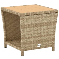 Outsunny Side Table 2-Tier Outdoor Coffee Table with Storage Shelf PS Wood Slat Top/Khaki(m-1)
