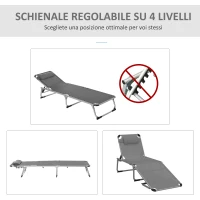 Outsunny Sdraio Pieghevole con Poggiatesta e Schienale Regolabile in Alluminio 60x165x76cm Grigio(m-4)