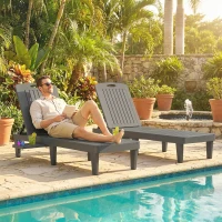 Outsunny Lot de 2 chaises longues de jardin en plastique PP avec plateau latéral, inclinables à 5 positions, gris(m-9)