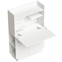 HOMCOM Secretária de computador dobrável, mesa de computador com tampo rebatível, prateleiras e armário, 80x30x128cm, branco(m-1)