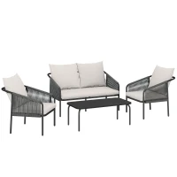 Outsunny Tuinmeubelset 4-delig polyrattan loungeset met tweezitsbank, 2 fauteuils, salontafel, afneembare kussens met banden(m-1)