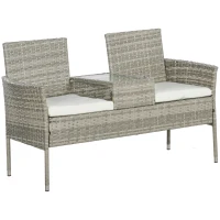Outsunny Banco de Jardim em Resina Trançada 2 Lugares com Mesa e Almofadas 135x64x81 cm para Varanda e Terraço Preto(m-1)