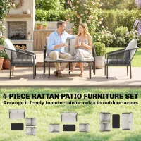 Outsunny Tuinmeubelset 4-delig polyrattan loungeset met tweezitsbank, 2 fauteuils, salontafel, afneembare kussens met banden(m-4)