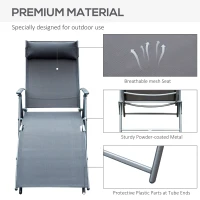 Outsunny Sun Lounger Steel Frame Outdoor Folding Chaise Texteline Lounge Chair Recliner with Headrest & 7 Levels Adjustable Backrest, Grey(m-18)