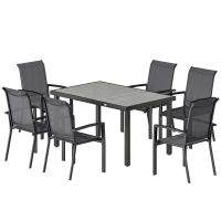 Outsunny Conjunto da Exterior 7pz com Mesa de Jardim a 2 Secções e 6 Cadeiras Empilháveis em Textilene Cinza(m-7)