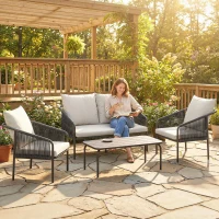 Outsunny Conjunto de mobiliário de jardim 4 peças Polyrattan Lounge-Set com sofá de dois lugares 2 poltronas mesa de centro almofadas removíveis fitas de fixação(m-2)