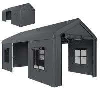 Outsunny 3 x 6 m Heavy Duty Carport, Portable Garage Car Canopy Tent with Galvanised Frame, Doors, Windows, Dark Grey(m-10)