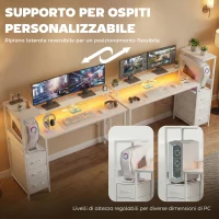 HOMCOM Scrivania Gaming 147 cm, Tavolo per Computer con Supporto CPU Regolabile e Reversibile, Luci RGB, Prese di Alimentazione, Porte USB e USB-C, Supporto Monitor e 3 Cassetti in Tessuto, Bianco(m-4)
