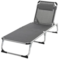 Outsunny Șezlong Pliabil cu Tetieră și Spătar Reglabil din Aluminiu 60x165x76cm Gri(m-10)