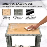 Outsunny Side Table 2-Tier Outdoor Coffee Table with Storage Shelf PS Wood Slat Top/Light Grey(m-5)