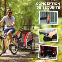 HOMCOM Reboque de bicicleta infantil 2 em 1 carrinho de bebé para bicicleta 2 lugares com arnês de segurança de 5 pontos, refletores, bandeira, vermelho(m-4)