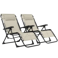 Outsunny Lot de 2 bain de soleil, chaise longue pliante inclinable avec appuie-tête en textilène, 90 x 65 x 112 cm, beige(m-1)