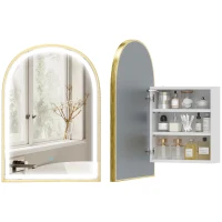 HOMCOM Armário de Parede para Banheiro com Espelho e Iluminação LED Porta Arqueada Antiembaçamento 50x14,5x70 cm Dourado(m-7)
