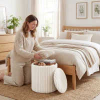 HOMCOM Pufe de arrumação com tampa reversível, Pufe moderno em veludo cotelê para sala de estar e quarto, Branco(m-4)