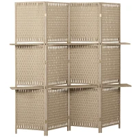 HOMCOM Separador de ambientes 4 painéis 2 prateleiras dobráveis palha natural(m-1)
