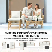 Outsunny Salon de jardin extérieur d'angle 4 places en résine tressée, canapé 2 places, chaise longue, table basse, crème(m-4)
