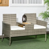 Outsunny Banco de Jardim em Resina Trançada 2 Lugares com Mesa e Almofadas 135x64x81 cm para Varanda e Terraço Preto(m-2)