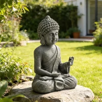 Outsunny Estátua de Jardim, Escultura de Buda Sentado em Óxido de Magnésio, Decoração Espiritual 32 x 23 x 51 cm, Cinza Escuro(m-2)