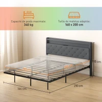 HOMCOM Estrutura de cama 160 x 200 cm com base em aço, cama de casal flutuante com luzes LED RGB e estação de carregamento, cinza(m-3)