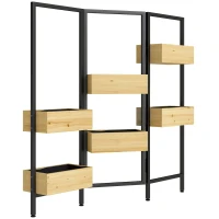Outsunny Separador de Ambientes com 6 Vasos Biombo Exterior Dobrável de 3 Painéis com Orifício de Drenagem e Forro Madeira Natural(m-1)