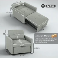 HOMCOM Poltrona-cama 3 em 1, Poltrona Sofá-cama Rebatível com Encosto Reclinável, Cinza(m-3)