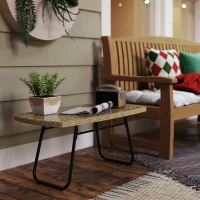 Outsunny Mesa de apoio de jardim em resina trançada, 90x50x45cm, mesa de centro de jardim com tampo em vidro temperado, natural(m-4)