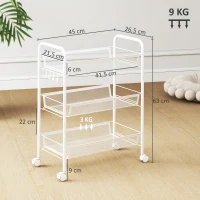 HOMCOM Chariot à 3 niveaux avec paniers desserte à roulettes chariot de rangement roulante 45 x 26,5 x 63 cm blanc(m-3)