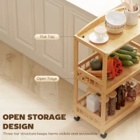 HOMCOM Keukenwagen met 3 niveaus, Serveerwagen met opbergruimte, Keukenrek op wielen, voor keuken, badkamer, kantoor, Natuurlijk hout(m-4)