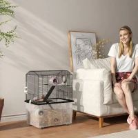 PawHut Gaiola hamster gaiola roedor 3 andares com rodízios plataforma e escada em fio de aço 57 x 43 x 74 cm preto(m-2)