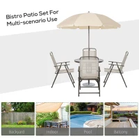 Outsunny Garden Patio Texteline Folding Chairs Plus Table and Parasol Furniture Bistro Set 6 Pieces - Beige(m-22)