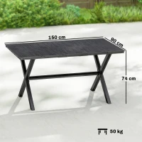 Outsunny Mesa de Jantar Retangular para Jardim para 6 Pessoas com Tampo de HDPE Efeito Ripas e Estrutura Metálica 150x90x74 cm, Preto(m-3)