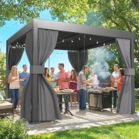 Outsunny 3 x 3 m Louvered Pergola with Adjustable Metal Louvred Roof, Aluminium Patio Gazebo with Netting and Curtains, Dark Grey(m-9)