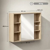 HOMCOM Móvel de Casa de Banho com Espelho Armário com Porta e 6 Compartimentos Abertos 60x14,5x49,4 cm Madeira Natural(m-3)