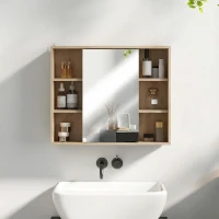 HOMCOM Móvel de Casa de Banho com Espelho Armário com Porta e 6 Compartimentos Abertos 60x14,5x49,4 cm Madeira Natural(m-5)