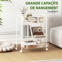 HOMCOM Chariot à 3 niveaux avec paniers desserte à roulettes chariot de rangement roulante 45 x 26,5 x 63 cm blanc(m-4)