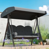 Outsunny 3 Seater Garden Swing Chair Outdoor Hammock Bench w/ Adjustable Canopy, Cushions and Cup Trays, Brown Steel Frame, Dark Grey Fabric(m-2)