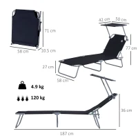 Outsunny Lettino Prendisole da Giardino Pieghevole e Regolabile con Tettuccio in Tessuto Nero, 187x58x50 cm(m-3)