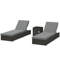 Outsunny Conjunto 2 Espreguiçadeiras de Jardim em Rattan com Mesa Lateral e Encosto Regulável, 184x60x22 cm, Cinza Escuro(m-7)