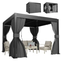 Outsunny 3 x 3 m Louvered Pergola with Adjustable Metal Louvred Roof, Aluminium Patio Gazebo with Netting and Curtains, Dark Grey(m-10)