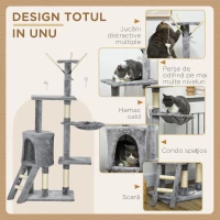 PawHut Turn pentru Pisici cu Căsuță, Platforme și 4 Șoricei, din Lemn, Plus și Sisal, 50x35x134,2 cm, Gri(m-7)