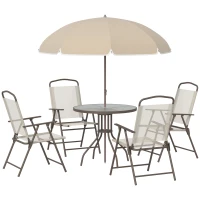 Outsunny Garden Patio Texteline Folding Chairs Plus Table and Parasol Furniture Bistro Set 6 Pieces - Beige(m-25)