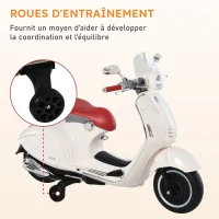 HOMCOM Vespa Scooter Moto électrique Enfants 6 V dim. 108L x 49l x 75H cm Musique klaxon 2 roues auxiliaires, 3-6 ans, Blanc(m-7)