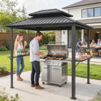 Outsunny Cobertizo para barbacoa exterior cenador de jardín aluminio con doble techo 2 estantes laterales ganchos 231x165x246cm negro(m-6)