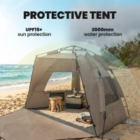 Outsunny 2-3 Person Pop Up Beach Tent, UPF15+ Sun Shelter with Extended Floor, Sandbags, Mesh Windows and Carry Bag, Brown(m-7)