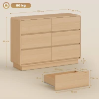 HOMCOM Cómoda con 6 Cajones Bordes Redondeados para Salón Cocina Entrada Oficina 120x38x86 cm Natural(m-3)