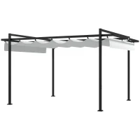 Outsunny Cenador de Jardín 3x4 m con Techo Retráctil de Poliéster y 12 Orificios de Drenaje Pérgola para Terraza Blanco y Gris(m-1)