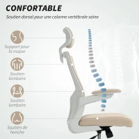 HOMCOM Chaise bureau ergonomique, fauteuil de bureau, accoudoirs relevables, soutien lombaire, appui-tête, 60x63x120cm, beige(m-4)
