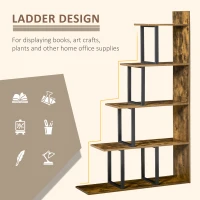 HOMCOM Industrial Style Wooden 5-Tier Ladder Bookcase Indoor Corner Shelf  for Livingroom, Office - Rusty Brown(m-4)