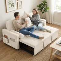 HOMCOM Sofá convertible 2 plazas 3 en 1 sofá-cama con cama nido doble respaldo regulable 2 cojines 80,5x137,5x84cm beige(m-4)